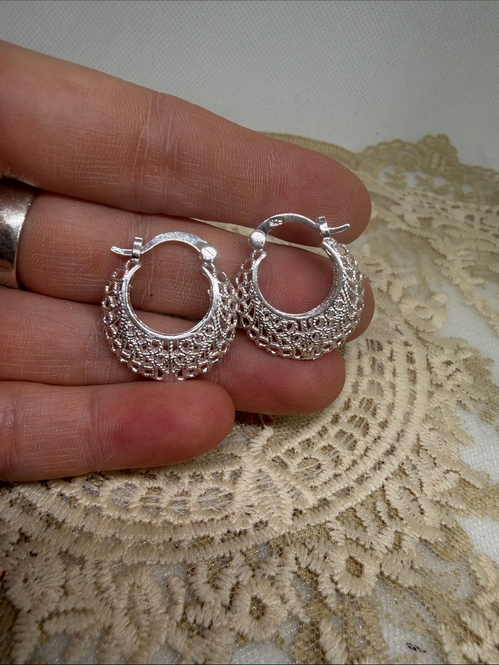 925 Sterling Silver Filigree Ornate Basket Weave Hoops Vintage Inspired Earrings